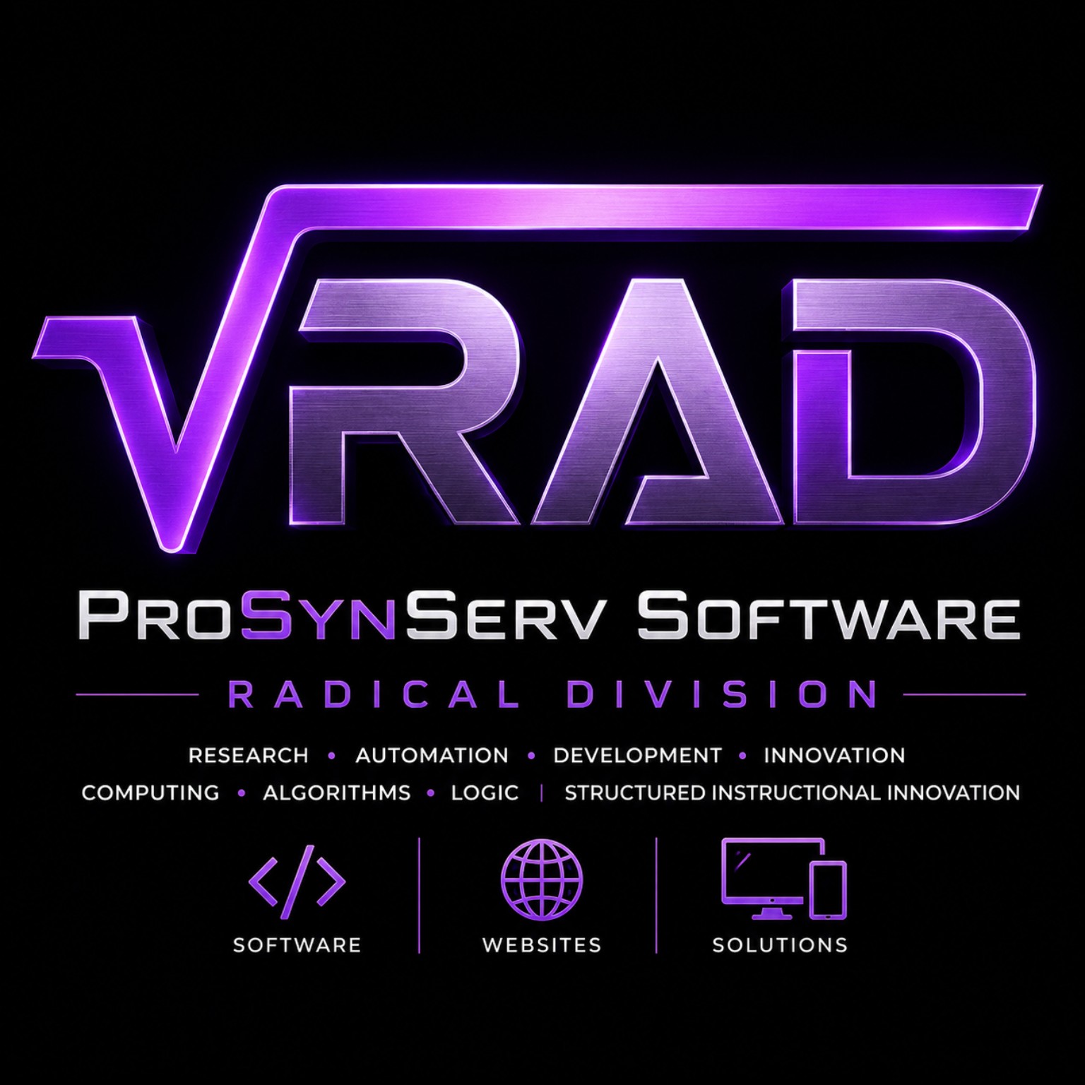 ProSynServ Software Radical Division identity with a purple radical symbol over RAD